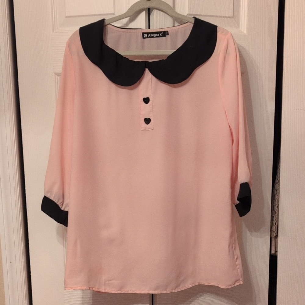 Allegra K Pink Blouse with Black Collar